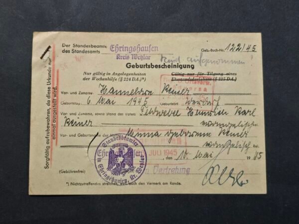 d28 WWII Nazi German Third Reich end of war May 6 1945 Birth Certificate Civil Registry Document