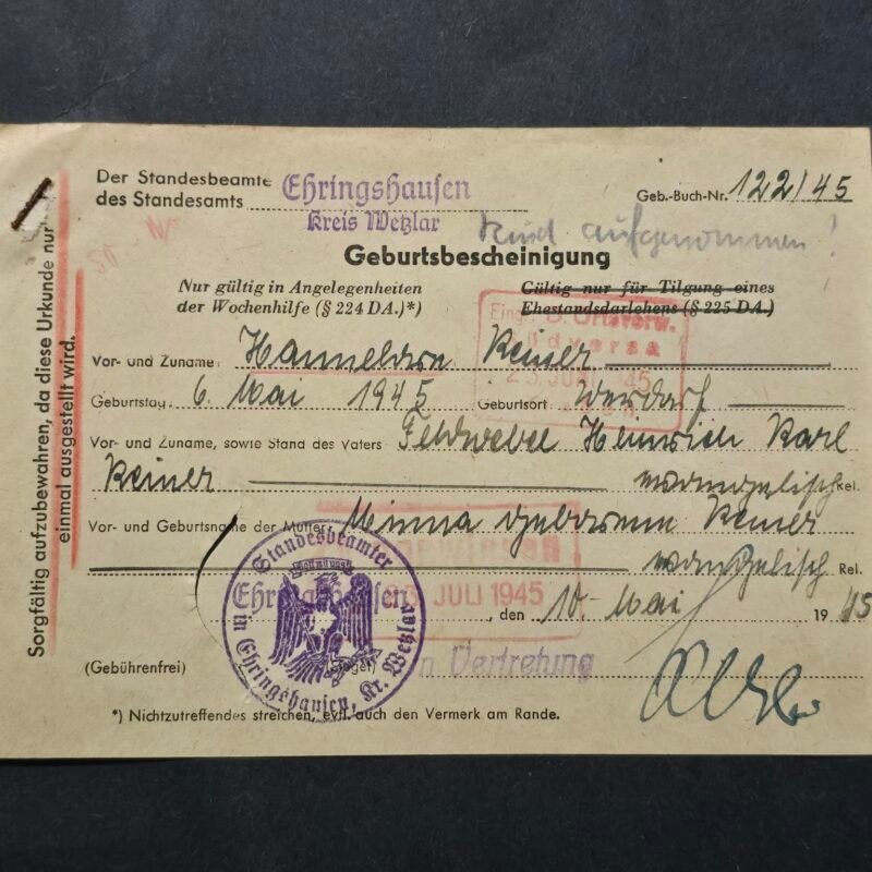 d28 WWII Nazi German Third Reich end of war May 6 1945 Birth Certificate Civil Registry Document