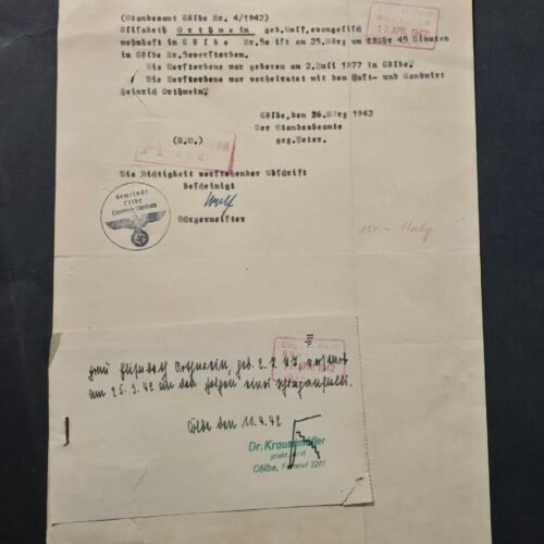 d34 WWII Nazi German Third Reich 1942 Death Certificate Transcript Civil Registry Document Cölbe