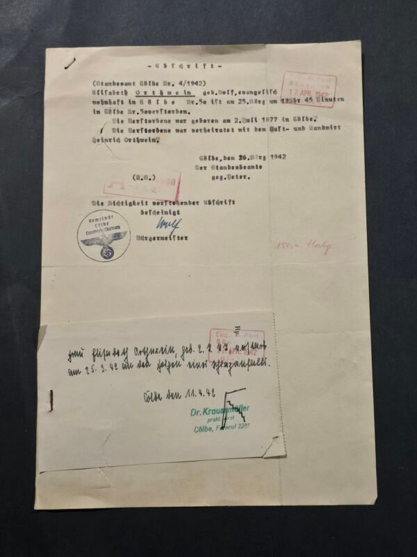 d34 WWII Nazi German Third Reich 1942 Death Certificate Transcript Civil Registry Document Cölbe