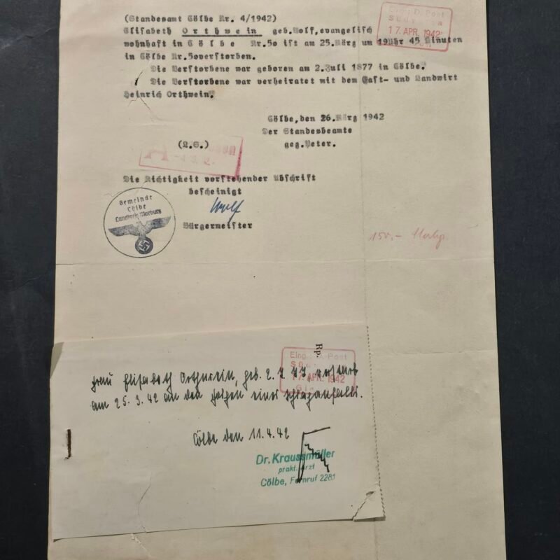 d34 WWII Nazi German Third Reich 1942 Death Certificate Transcript Civil Registry Document Cölbe