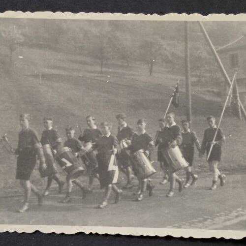 Hitler Youth Pimpf DJ Boys Parade Drummer w Flags Banners WW2 Nazi German Photo
