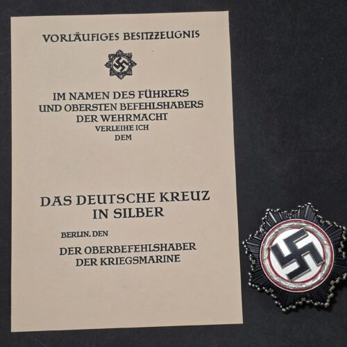 20260903_143703 WW2 Nazi German DKIS Deutsche Cross in Silver Enamel Swastika Medal 1941 w Award document