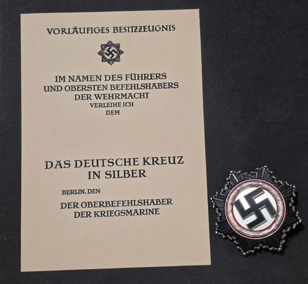 20260903_143703 WW2 Nazi German DKIS Deutsche Cross in Silver Enamel Swastika Medal 1941 w Award document