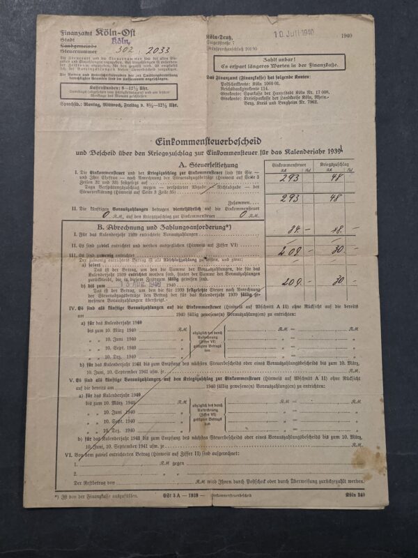 20260906_135628 WWII German 1940 Tax & War Surcharge Document Köln Folded Postal cover w Eagle Swastika