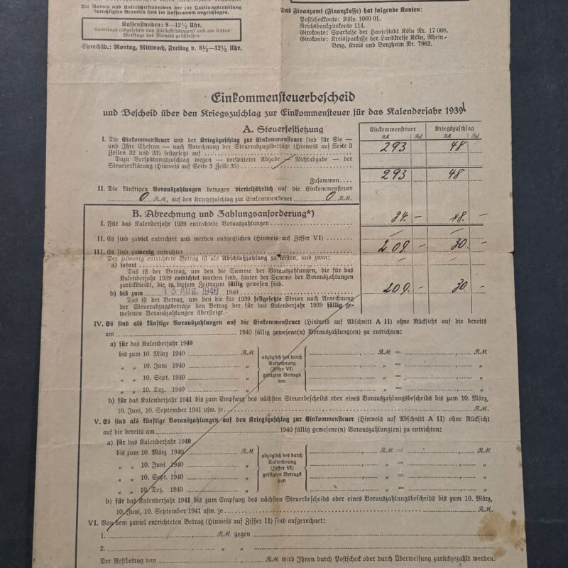 20260906_135628 WWII German 1940 Tax & War Surcharge Document Köln Folded Postal cover w Eagle Swastika