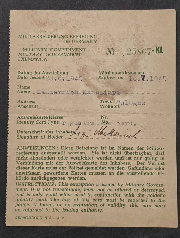 Original 1945 Allied Military Government Germany Travel Exemption Document Refugee Cologne