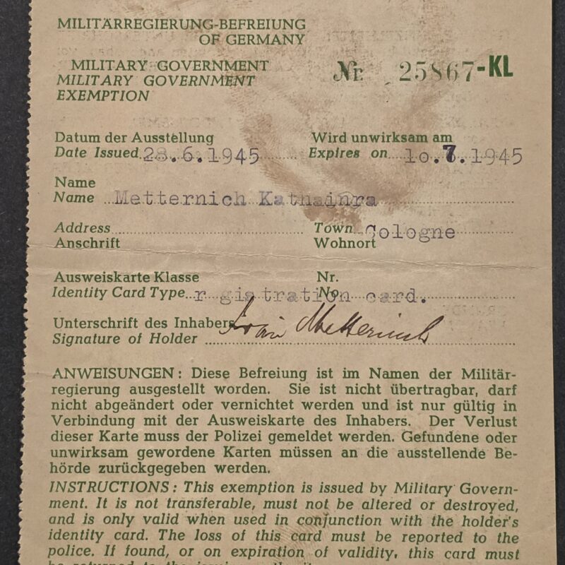20260906_135836 Original 1945 Allied Military Government Germany Travel Exemption Document Refugee Cologne