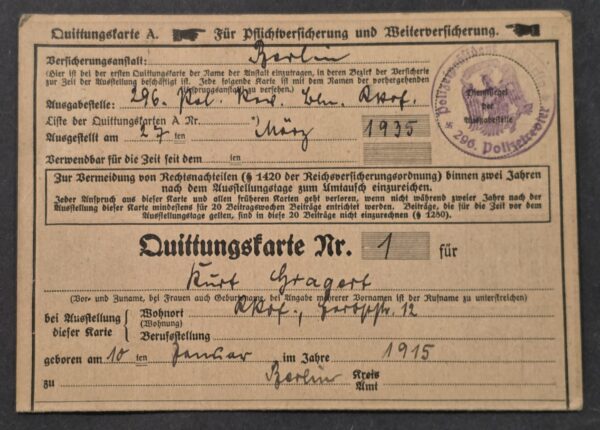 20260906_135915 Original 1935 Third Reich Nazi German Quittungskarte Insurance Card – 296th Police Precinct Berlin