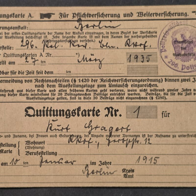 20260906_135915 Original 1935 Third Reich Nazi German Quittungskarte Insurance Card – 296th Police Precinct Berlin
