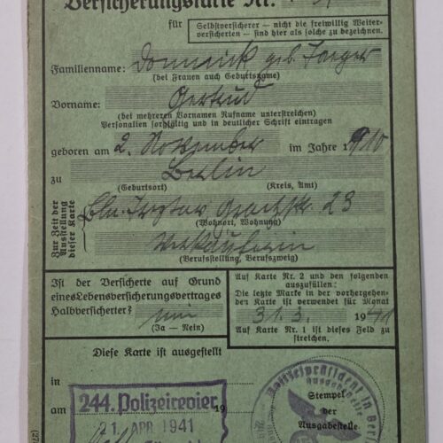 Original 1941 Third Reich Nazi German Insurance Card 244th Police Precinct 10 Swastika Eagle Stamps