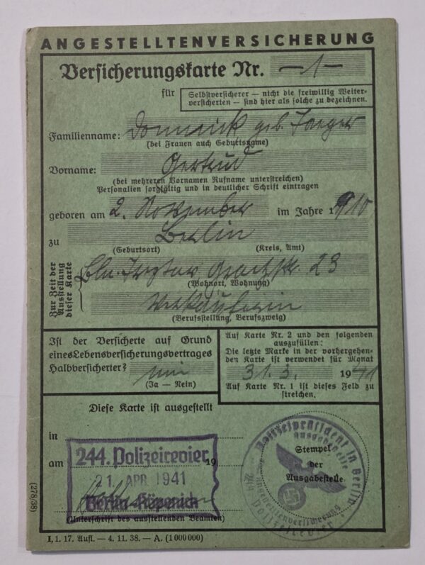 Original 1941 Third Reich Nazi German Insurance Card 244th Police Precinct 10 Swastika Eagle Stamps