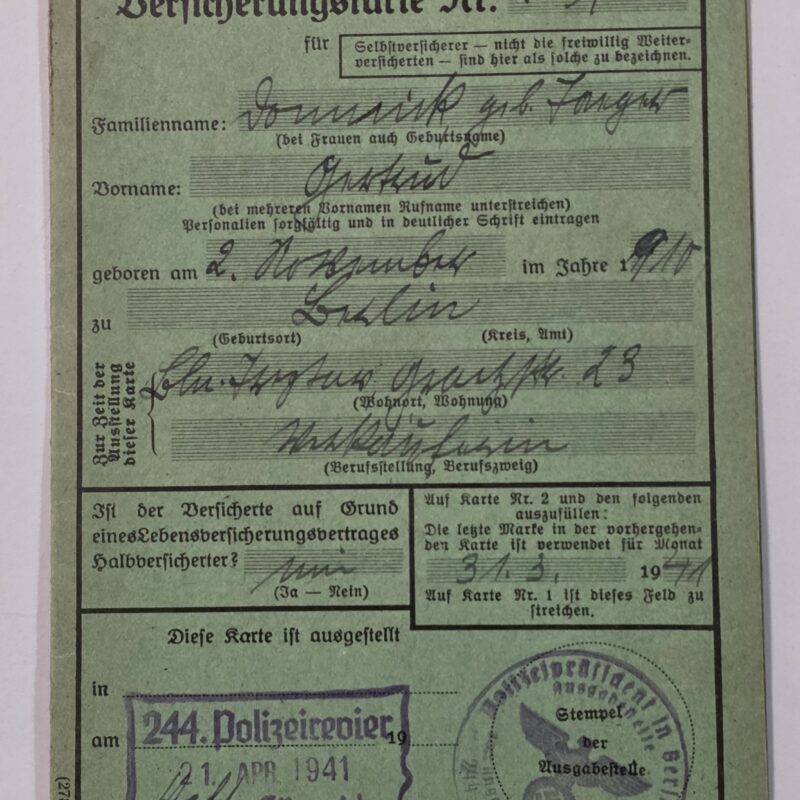 20260906_140603 Original 1941 Third Reich Nazi German Insurance Card 244th Police Precinct 10 Swastika Eagle Stamps