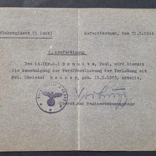 Original 1944 WW2 German Luftwaffe Flak Regiment 21 Officer Engagement Permission Document – Field Issued