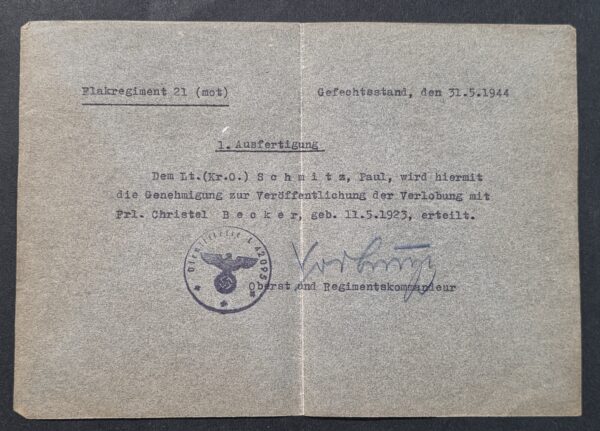 Original 1944 WW2 German Luftwaffe Flak Regiment 21 Officer Engagement Permission Document – Field Issued
