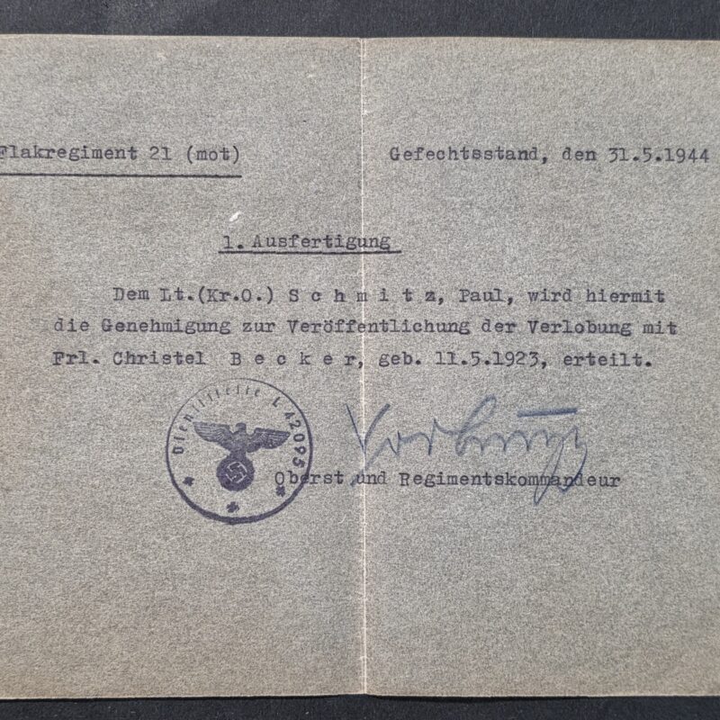 20260906_141648 Original 1944 WW2 German Luftwaffe Flak Regiment 21 Officer Engagement Permission Document – Field Issued