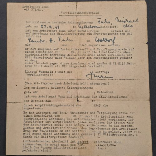 Rare 1945 WW2 German POW Release Forced Labor Assignment Document – Allied Military Government – Bonn