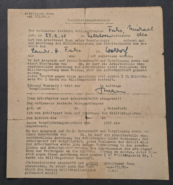 Rare 1945 WW2 German POW Release Forced Labor Assignment Document – Allied Military Government – Bonn
