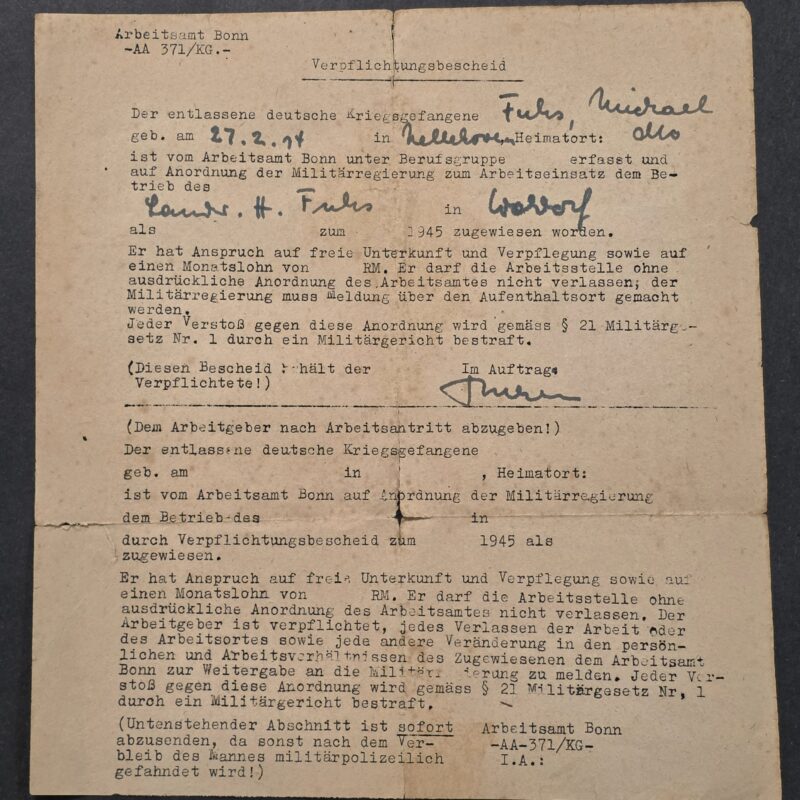 20260906_141740 Rare 1945 WW2 German POW Release Forced Labor Assignment Document – Allied Military Government – Bonn
