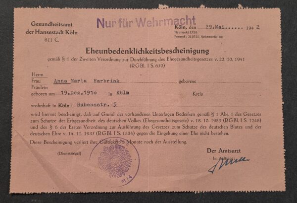 20260906_141838 Original 1942 German Wehrmacht Army Soldiers Marriage Health Certificate Köln Cover Document