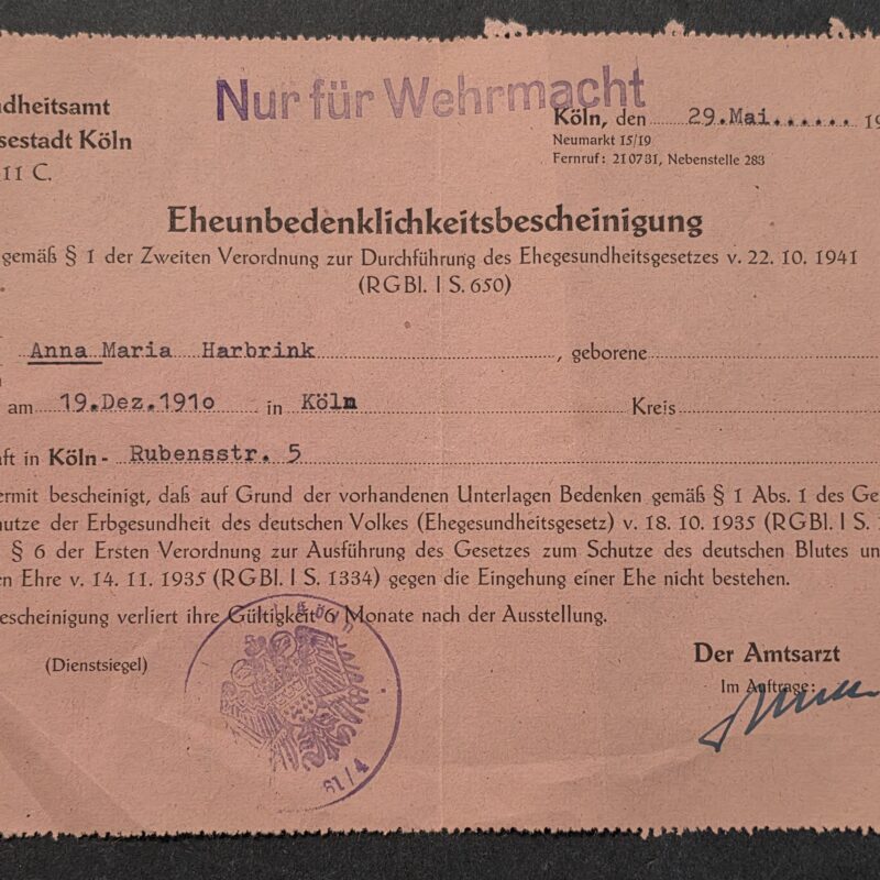 20260906_141838 Original 1942 German Wehrmacht Army Soldiers Marriage Health Certificate Köln Cover Document