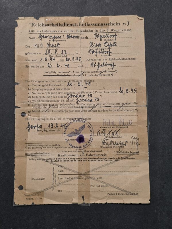 20260906_142423 Original 1945 WW2 Nazi German Female RAD RADwJ Reichsarbeitsdienst Discharge Certificate – Düsseldorf