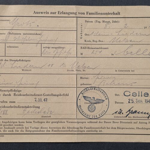 20260906_142717 Original 1942 WW2 Nazi German RAD Reichsarbeitsdienst Soldiers Family Support ID Document Celle