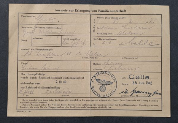 20260906_142717 Original 1942 WW2 Nazi German RAD Reichsarbeitsdienst Soldiers Family Support ID Document Celle