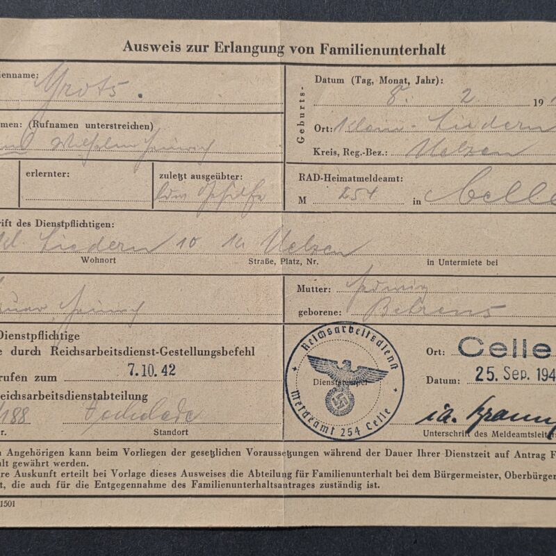 20260906_142717 Original 1942 WW2 Nazi German RAD Reichsarbeitsdienst Soldiers Family Support ID Document Celle