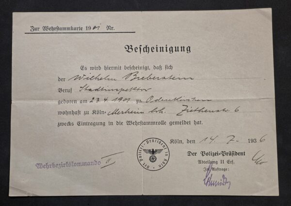 20260908_184356 WW2 Nazi German Third Reich NSDAP Police Certificate for Military Service registration 1936