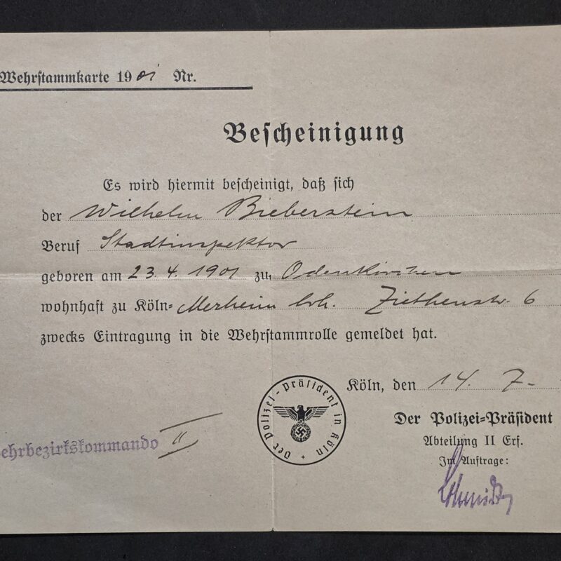 20260908_184356 WW2 Nazi German Third Reich NSDAP Police Certificate for Military Service registration 1936