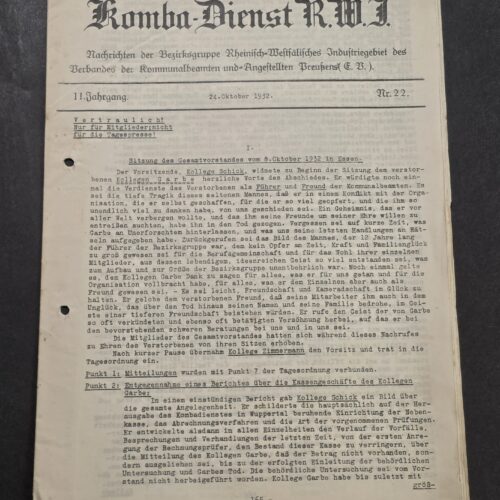Original 1932 German Komba-Dienst R.W.I. Confidential Municipal Officials Publication Newspaper