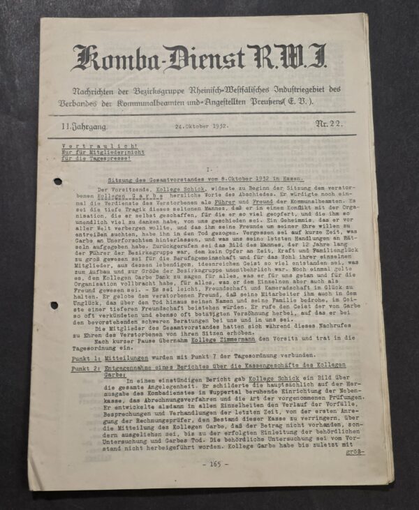 Original 1932 German Komba-Dienst R.W.I. Confidential Municipal Officials Publication Newspaper