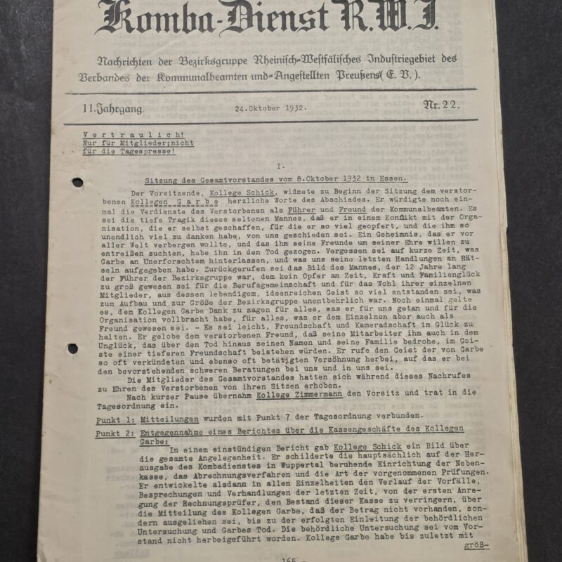 20260908_185301 Original 1932 German Komba-Dienst R.W.I. Confidential Municipal Officials Publication Newspaper