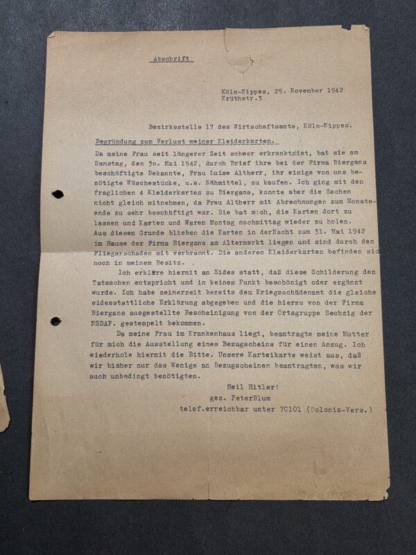 20260908_185826 Original WW2 Nazi German 1942 Third Reich Cologne Air Raid Ration Card Loss Document Heil Hitler! NSDAP WWII