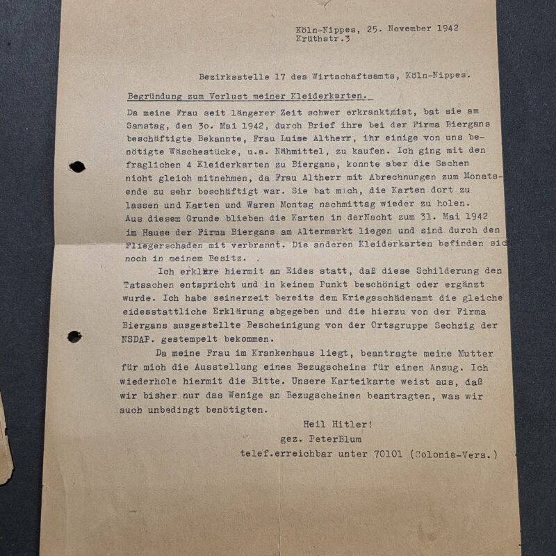 20260908_185826 Original WW2 Nazi German 1942 Third Reich Cologne Air Raid Ration Card Loss Document Heil Hitler! NSDAP WWII