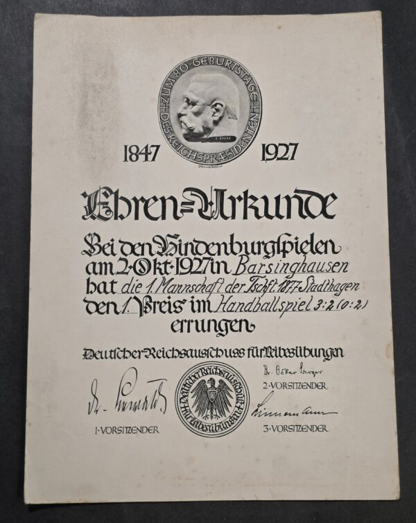 Original 1927 German Turner Paul von Hindenburg 80th Birthday Handball Honor Certificate Award Document