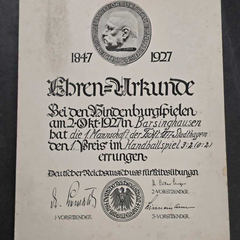 20260908_185859 Original 1927 German Turner Paul von Hindenburg 80th Birthday Handball Honor Certificate Award Document