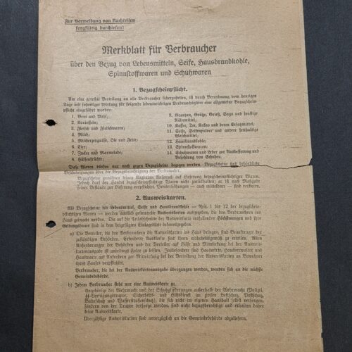 Original WW2 Nazi German SS 1938 Third Reich Rationing Rations Document Consumer Guide