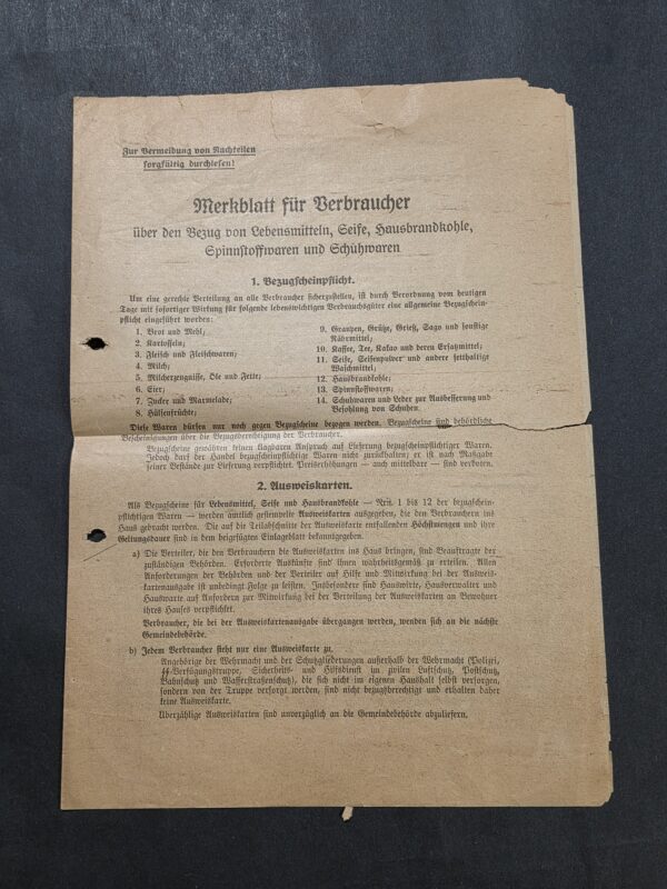 Original WW2 Nazi German SS 1938 Third Reich Rationing Rations Document Consumer Guide
