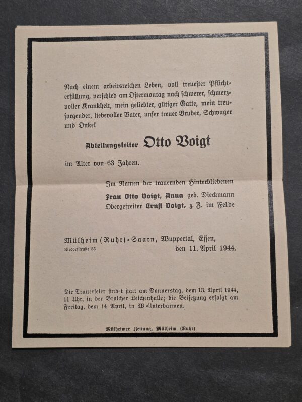 20260909_153613 Original 1944 WWII German Death Notice Cover Otto Voigt – Obergefreiter Son in Field