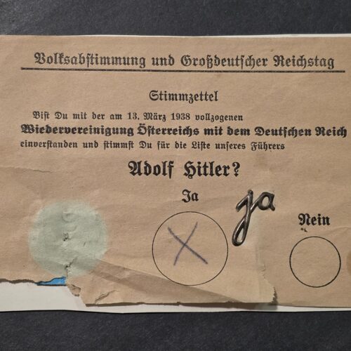 20260909_182138 Rare Original WW2 Nazi German Third Reich 1938 Anschluss Plebiscite Adolf Hitler Voting Ballot with “JA” Stickpin