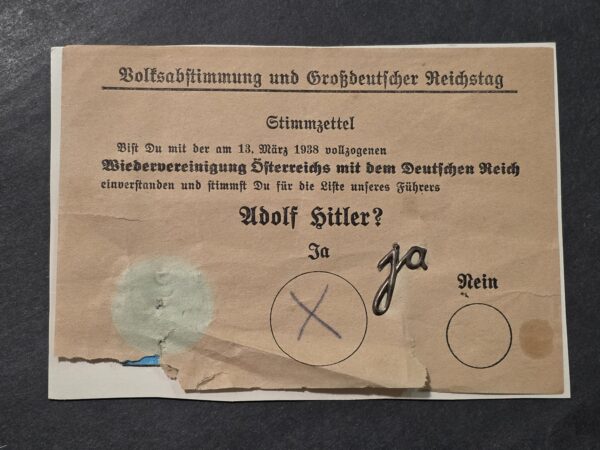 20260909_182138 Rare Original WW2 Nazi German Third Reich 1938 Anschluss Plebiscite Adolf Hitler Voting Ballot with “JA” Stickpin