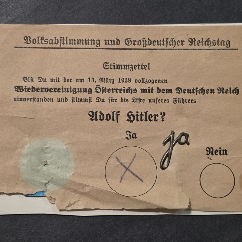 Rare Original WW2 Nazi German Third Reich 1938 Anschluss Plebiscite Adolf Hitler Voting Ballot with “JA” Stickpin