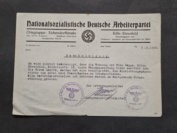 BOMBED BY THE ENEMY! 1942 NSDAP War Document Destroyed Home Certificate Document 2 Eagle Stamps & Signature