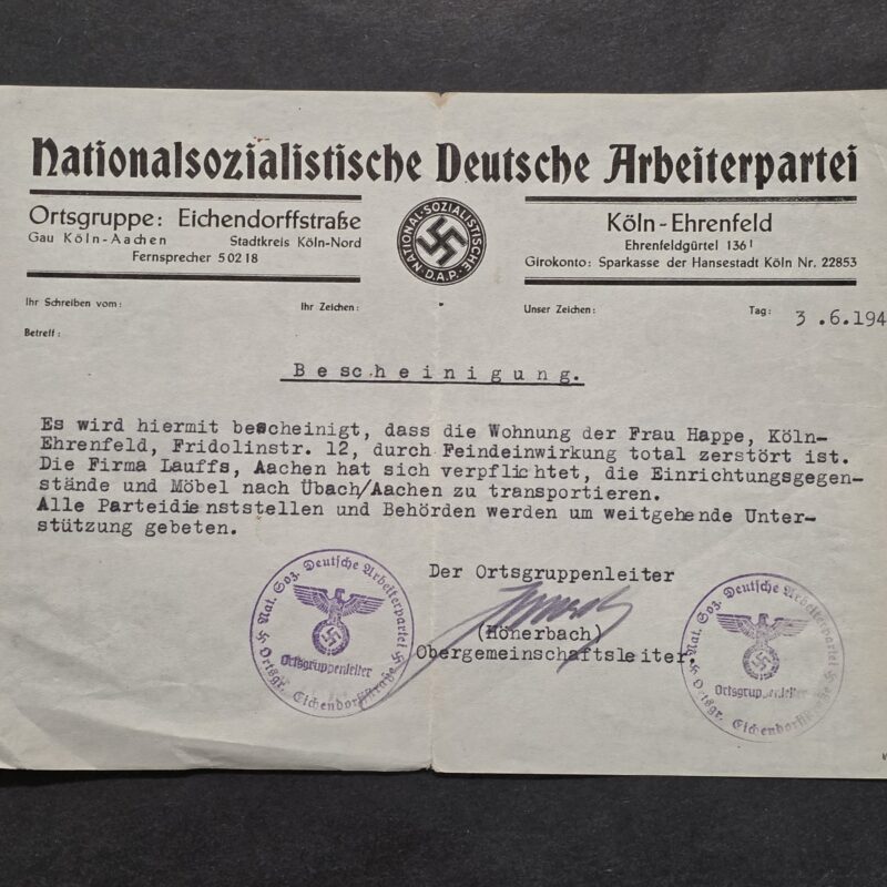 20260911_142040 BOMBED BY THE ENEMY! 1942 NSDAP War Document Destroyed Home Certificate Document 2 Eagle Stamps & Signature