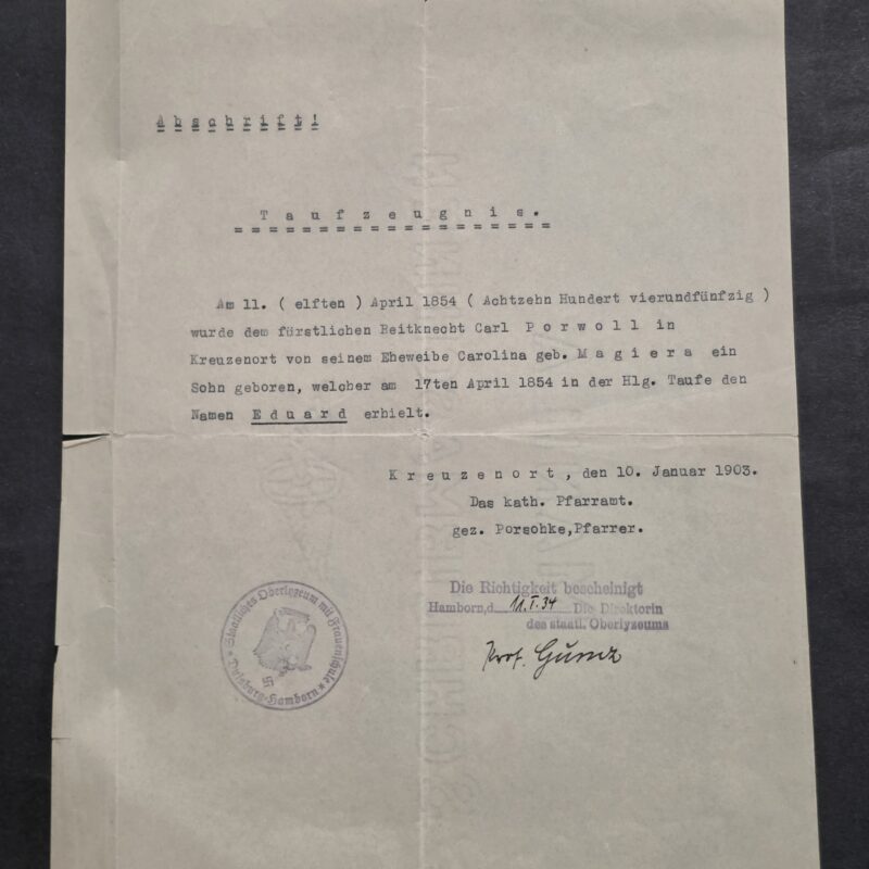 1934 Nazi German Third Reich Baptism Certificate – State Girls School Eagle Swastika Stamp