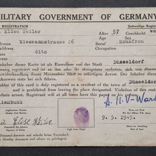20260911_142335 Original May 9 1945 U.S. Military Government Germany Temporary Registration Card – Düsseldorf – Fingerprint & Officer Signed