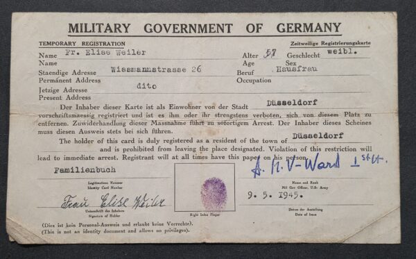 20260911_142335 Original May 9 1945 U.S. Military Government Germany Temporary Registration Card – Düsseldorf – Fingerprint & Officer Signed
