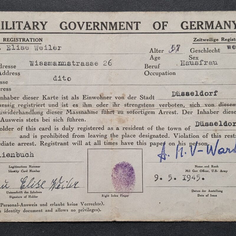 20260911_142335 Original May 9 1945 U.S. Military Government Germany Temporary Registration Card – Düsseldorf – Fingerprint & Officer Signed